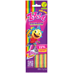 Zozole Rainbow Jellies 75g förpackning med regnbågsfärgade geléstavar, veganskt godis med 25% fruktjuice från Mieszko Polen