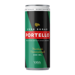 Portello Zero Sugar 330 ml burk från Vasa Bryggeri med svart och grön design, text Norrlands Nationaldryck