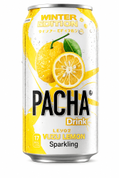 Pacha Drink Yuzu Lemon Winter Edition 330ml burk med gul och vit design, yuzu-frukt och texten Sparkling