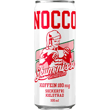 Nocco Skum Nisse 33cl energidrycksburk i vitt och rött med smultronsmak, sockerfri med 180 mg koffein