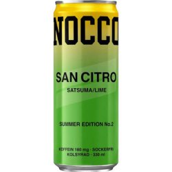 Grön och gul burk med NOCCO San Citro Summer Edition No.2 energidryck, smak satsuma och lime, 330 ml