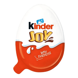 Kinder Joy äggformat godis i vit och röd förpackning med texten Joy och with Surprise