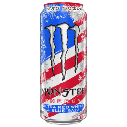 Monster Energy Ultra Red White & Blue Razz 473ml burk med amerikanskt flaggmönster i rött, vitt och blått samt Monster-logotypen
