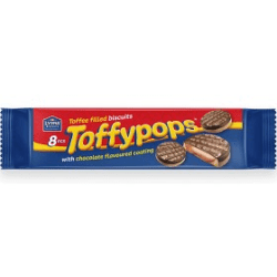 Lyons Toffypops Classic 120g förpackning med 8 kex, blå förpackning med chokladtäckta toffeekex