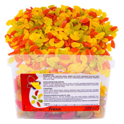 Fruxo 2kg storförpackning i plastlåda med färgglada fruktgodisbitar i gult, orange, rött och grönt från Malaco Cloetta