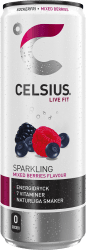 Celsius Mixed Berries 355ml sockerfri kolsyrad energidryck med smak av blandade bär i slank silverburk med röd och svart etikett