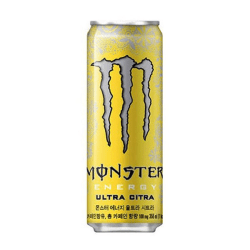 Gul Monster Energy Ultra Citra-burk 355ml från Sydkorea med ikonisk Monster-logotyp och koreansk text