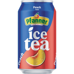 Pfanner Ice Tea Persika 33cl burk med blå och röd design och persikamotiv
