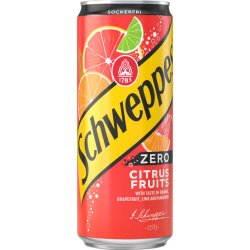 Schweppes Citrus Fruits Zero 33cl burk i rött och gult med citrusfrukter och texten Zero Citrus Fruits sockerfri
