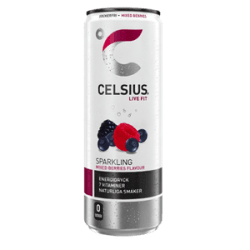 Celsius Mixed Berries 355ml sockerfri kolsyrad energidryck med smak av blandade bär i slank silverburk med röd och svart etikett