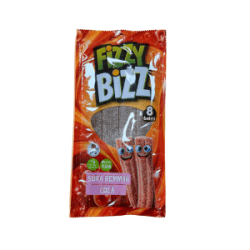 Fizzy Bizz Sura Remmar Cola 80g påse med 8 remmar, brun förpackning med röd flame-design och grön Fizzy Bizz-logotyp