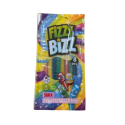 Fizzy Bizz Sura Remmar Fruktstänger 80g, påse med 8 färgglada sura fruktstänger i regnbågsfärger