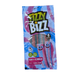 Fizzy Bizz Sura Remmar Bubble Gum 80g påse med rosa och blå syrliga godisremmar med bubbelgumsmak