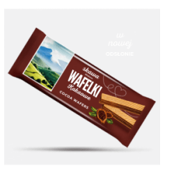 Skawa Wafelki Kakaowe 80g brun förpackning med kakaofyllda råwafers och landskapsbild, märkt w nowej odsłonie