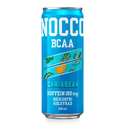 NOCCO BCAA Caribbean 330 ml blå burk med ananasdekor, sockerfri kolsyrad funktionsdryck med 180 mg koffein