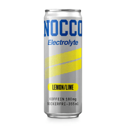 NOCCO Electrolyte Lemon Lime 355ml silverfärgad aluminiumburk med gula accenter och blå logotyp