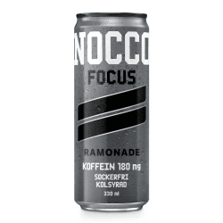 Nocco Focus Ramonade 330 ml burk i grå design med texten Ramonade, Koffein 180 mg, Sockerfri och Kolsyrad