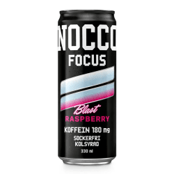 NOCCO Focus Blast Raspberry 330 ml svart burk med rosa och vit design, 180 mg koffein, sockerfri och kolsyrad