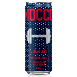NOCCO Julmust 24x33cl – sockerfri funktionsdryck med smak av klassisk julmust, perfekt för butik, kiosk och gym under julen.