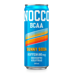 Blå NOCCO BCAA Sunny Soda-burk 330 ml med smak av persika och hallon, sockerfri och kolsyrad med 180 mg koffein
