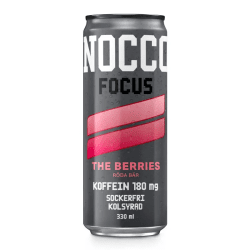 Nocco Focus The Berries 330ml sockerfri energidryck med röda bär och 180 mg koffein, mörk burk med röda detaljer