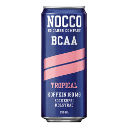 Blå burk av NOCCO BCAA Tropical 330 ml med rosa ränder, 180 mg koffein, sockerfri och kolsyrad