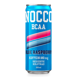 Blå 330 ml burk av NOCCO BCAA Blue Raspberry med 180 mg koffein, sockerfri och kolsyrad funktionsdryck