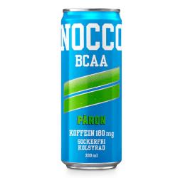 Blå NOCCO BCAA-burk med päronsmak, 330 ml, sockerfri och kolsyrad med 180 mg koffein