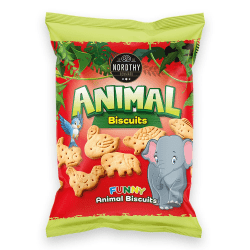 Påse med Nordthy Happy Animals djurformade kex med tecknad elefant och fågel på röd förpackning