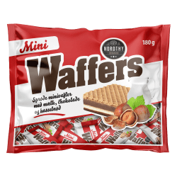 Röd påse med Nordthy Mini Waffers 180g med hasselnötter, chokladfylld minivåffla och Nordthy-logotyp, produktbild på vit bakgrun