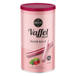 Nordthy Vaffelror Jordgubb 250g rosa burk med sprödа vaffelrör fyllda med jordgubbskräm, ca 25 st per förpackning