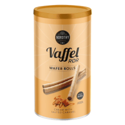 Nordthy Vaffelrør Salt Karamel 250g i guldfärgad burk med bild på våffelrullar och saltkaramell