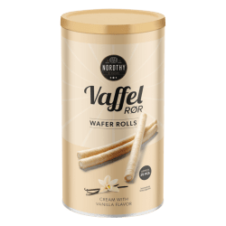 Nordthy Vaffelror Vanilje 250g i beige cylindrisk burk med guldlock, vaffelrör med vaniljkräm synliga på förpackningen