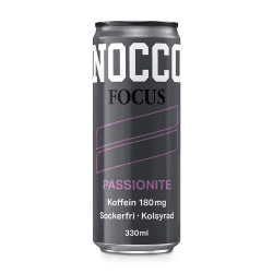 Nocco Focus Passionite 330 ml grå burk med rosa text, sockerfri energidryck med 180 mg koffein och NP-pant