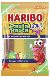 Haribo Pasta Basta Sour 80g påse med syrliga fruktgummiremsor i flera färger, märkt Vegetarian och Share Size