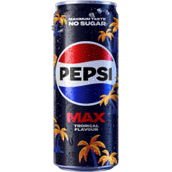 Pepsi Max Tropical 33cl burk med mörkt blå design, palmträd och texten Maximum Taste No Sugar