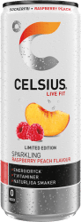 Celsius Live Fit Sparkling Raspberry Peach 250ml burk, sockerfri energidryck med 7 vitaminer och naturliga smaker, Limited Editi