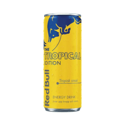 Gul Red Bull The Tropical Edition energidrycksburk 250ml med tropisk smak och blå logotyp, vattendroppar på burken