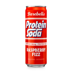 Röd aluminiumburk Barebells Protein Soda Raspberry Fizz 355ml med text Koffein 180mg och Protein 10g, sockerfri och kolsyrad
