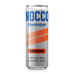 NOCCO Electrolyte Blood Orange 33cl sockerfri energidryck med 180 mg koffein, silvergrå burk med orange grafik