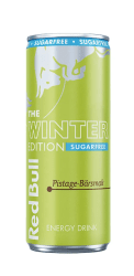 Red Bull Winter Edition Sugarfree 250ml burk i limegrönt med pistage-bärsmak, säsongsdesign med texten The Winter Edition
