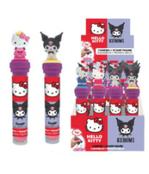 Hello Kitty & Kuromi Candy Tube 2D Stamp displayförpackning med 24 godistuber med stämpellock, Hello Kitty och Kuromi-figurer på