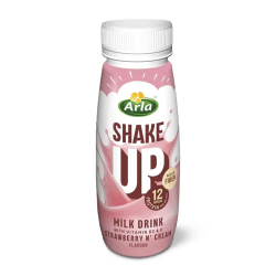 Arla Shake Up mjölkdryck med smak av jordgubb och grädde i rosa 240 ml plastflaska med vit skruvkork