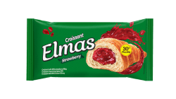 Grön förpackning av Elmas Croissant Strawberry med jordgubbsfyllning och texten 30% Filling på framsidan