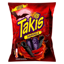 Takis Dracula Limited Edition 100g röd påse med svarta rullade majschips, halloweentema med fladdermöss och kista, medium chilli