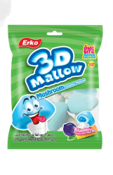 Erko 3D Mallow Mushroom Blueberry 80g, grön påse med svampformade marshmallows och blåbärsfyllning, Halal och glutenfri