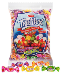 Stor påse Troflex Fylld Fruktkola 800g från Antat med färgglada individuellt inslagna fruktkolor i olika smaker