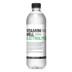 Vitamin Well Electrolytes Lemon Lime 500ml plastflaska med svart kork och vit etikett med grön text, isotonisk sportdryck