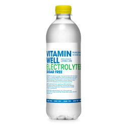 Vitamin Well Electrolytes Sugar Free Lemon Lime 50cl genomskinlig PET-flaska med gult lock och blå och grön etikett