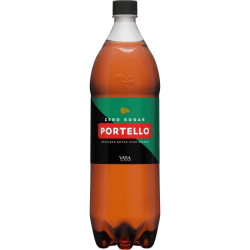 Portello Zero 150cl PET-flaska med svart kork, grön och svart etikett med röd Portello-logotyp och texten Zero Sugar